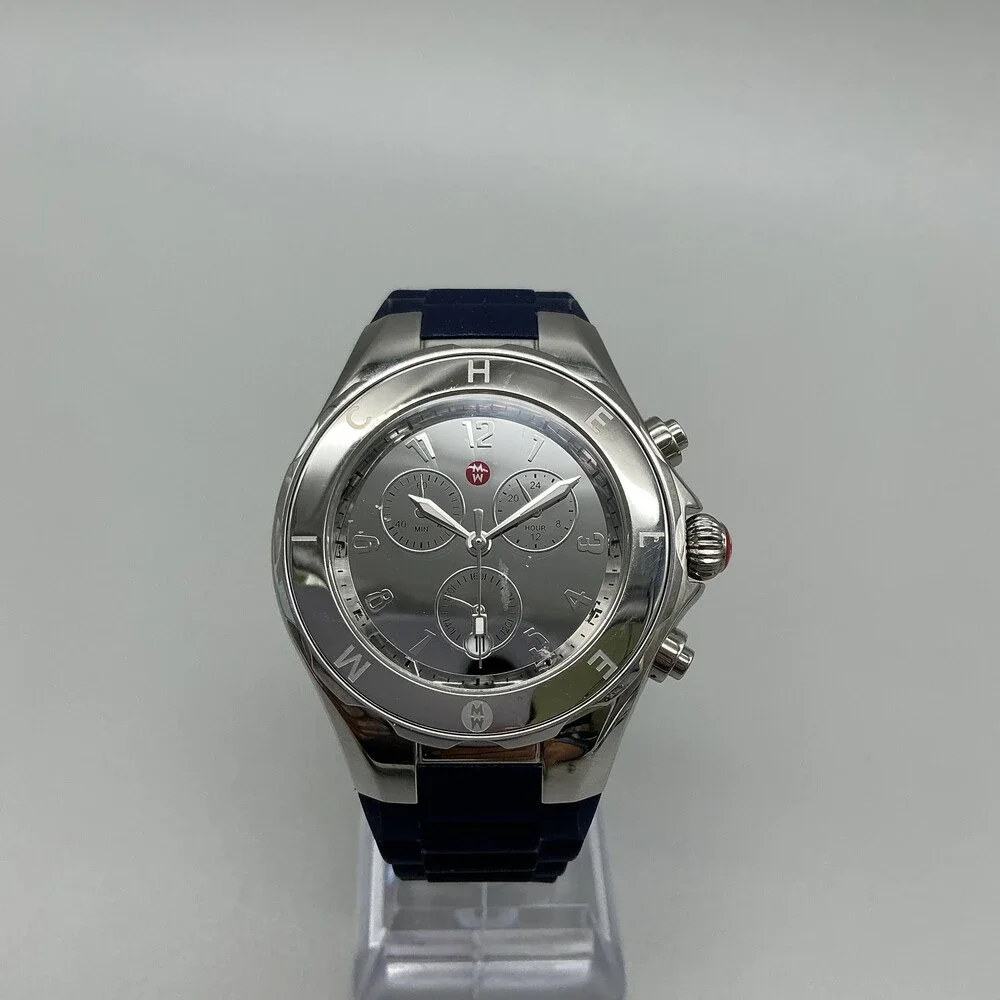 Michele Tahitian Womens Watch 41mm Silver Tone Chrono Blue Rubber New Battery